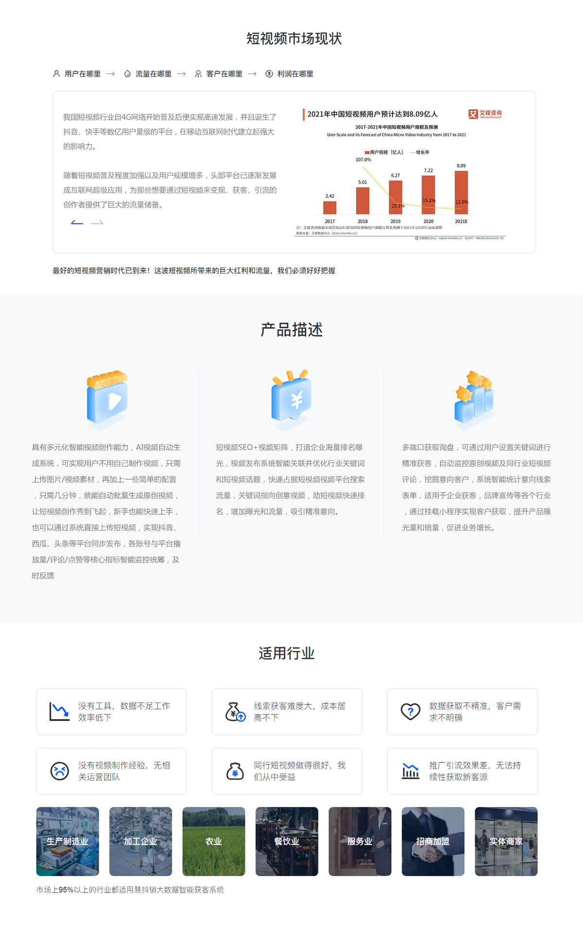 短視頻SEO+視頻矩陣，打造企業(yè)海量排名曝光，視頻發(fā)布系統(tǒng)智能關(guān)聯(lián)并優(yōu)化行業(yè)關(guān)鍵詞和短視頻話題，快速占據(jù)短視頻視頻平臺搜索流量，關(guān)鍵詞指向創(chuàng)意視頻，助短視頻快速排名，增加曝光和流量，吸引精準(zhǔn)意向。